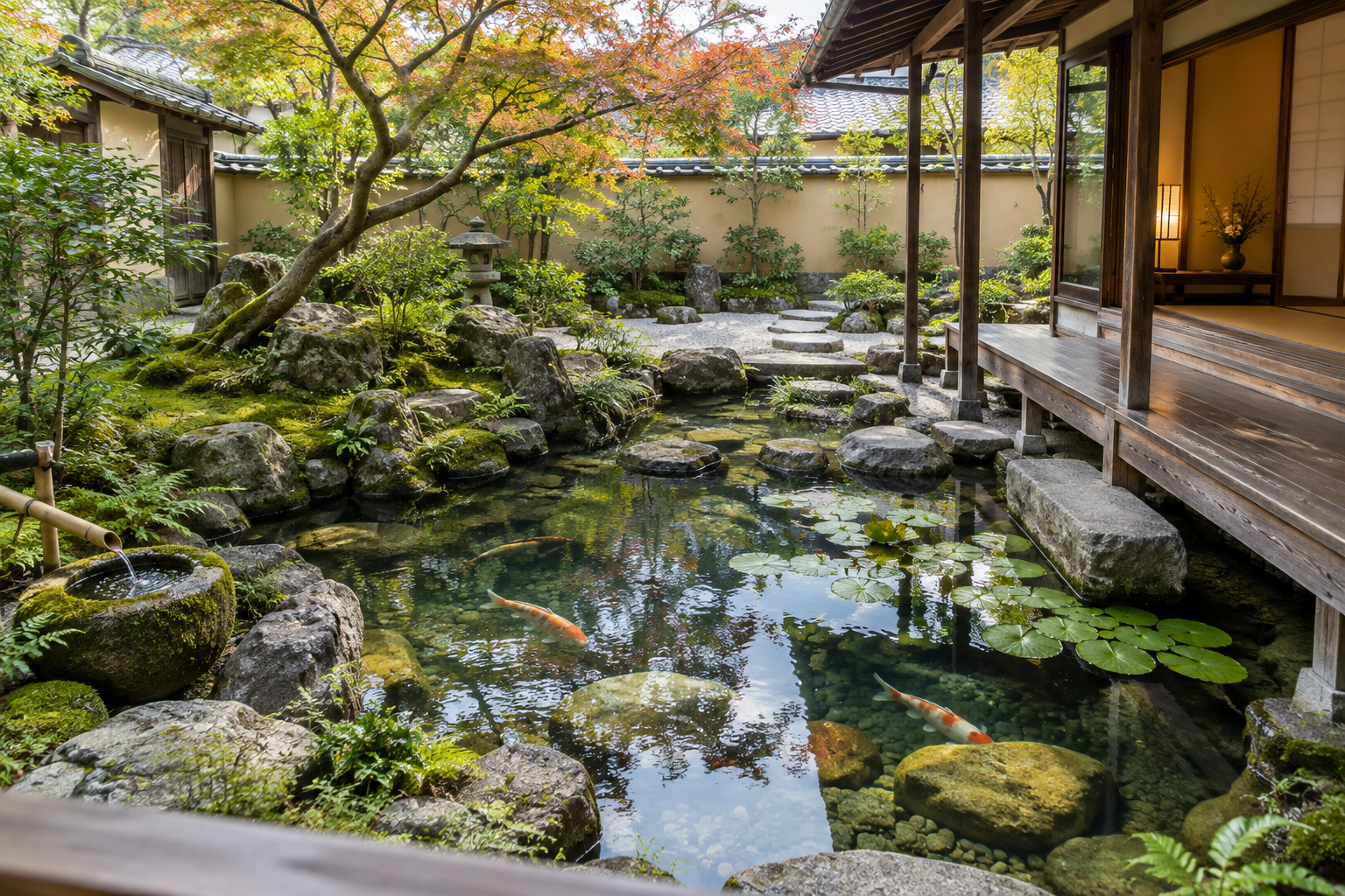 Fictional Kyoto courtyard with ornamental pond